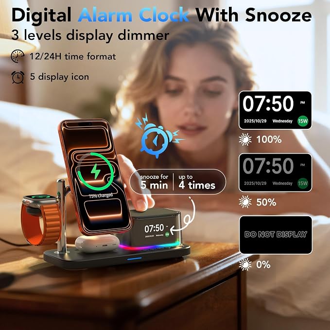 Alarm Clock with Wireless Charging,7 in 1 Charging Station with Night Light,Bluetooth Speakers,Qi2 25W Magnetic Charger for iPhone 17 16 15 14 13 12 Pro Max Plus Apple Watch Airpods,Bedroom