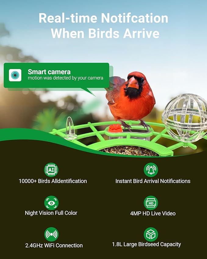 Smart Bird Feeder with Camera, Solar Powered, 2K HD & AI Identification, Color Night Vision, Weatherproof, Live View & Instant Alerts | Ideal Gift for Bird Lovers