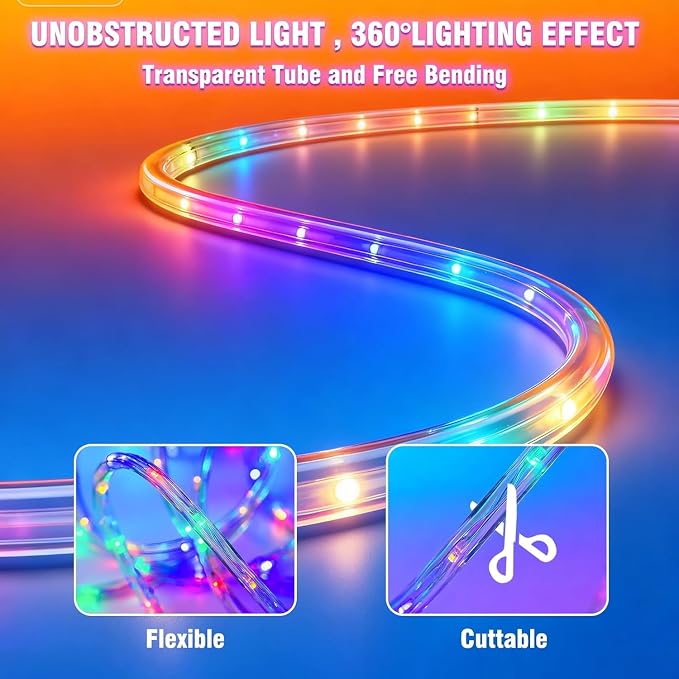 RGB Strip Lights with IR Remote Control, 12FT 72LEDs RGB LED Outdoor Rope Lights, 13MM Waterproof Neon LED Lights 500+ Colors for Bedroom Living Room Patio Christmas Decor (12ft)