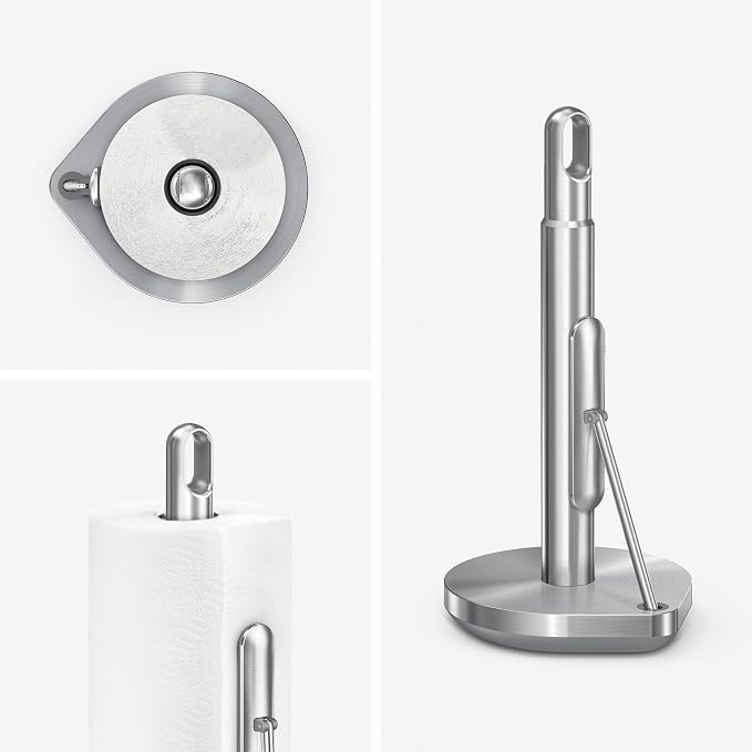 simplehuman 8 oz. Touch-Free Sensor Liquid Soap Pump Dispenser with Soap Sample, Brushed Nickel & Tension Arm Standing Paper Towel Holder, Brushed Stainless Steel