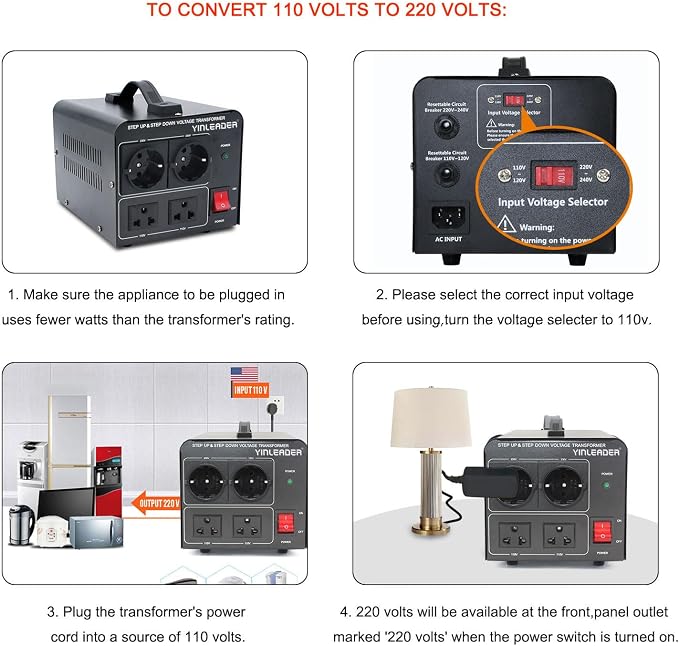 Yinleader 2000W Step Up/Down Transformer,Convert 110/120V to 220/240 Volt OR Convert 220V to 110V Voltage Converter with 2US&2 EU outlets [110V US Power Cord Included Only, No 220V Cord]