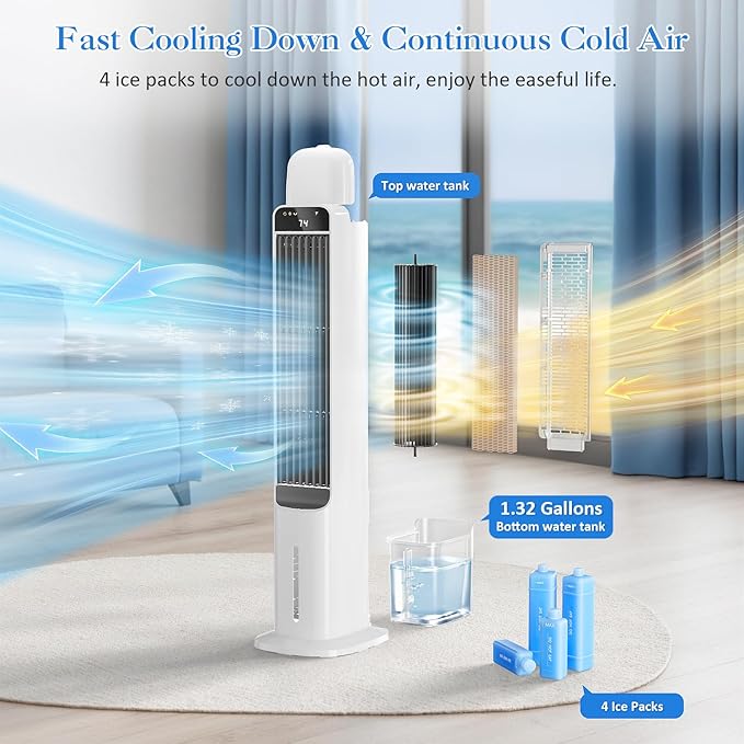 2 in 1 Portable Air Cooler with Remote, Evaporative Air Cooler with 4 Ice Packs, 12H Timer, 120° Oscillation, 3 Speed & 3 Modes Air Cooling Fan for Home, Bedroom, Office, White