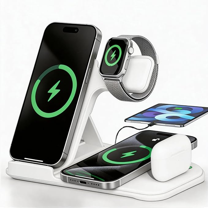 5 in 1 Wireless Charging Station for Multiple Devices, Premium Fast Charging Stand for Apple Samsung Android, Dual Phone Dock with USB Port for Desk Nightstand