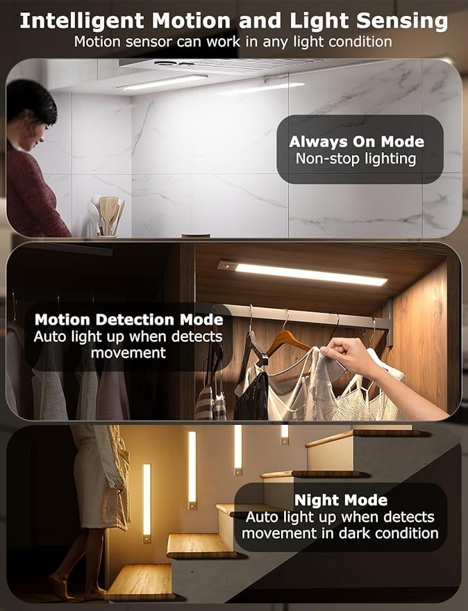 16" Ultra-Thin Under Cabinet Lighting Wireless, Aluminum Alloy Under Counter Lights for Kitchen, 3-Color-Temps Magnetic Closet Lights, Rechargeable Motion Sensor Light Indoor (4 Pack, Silver)