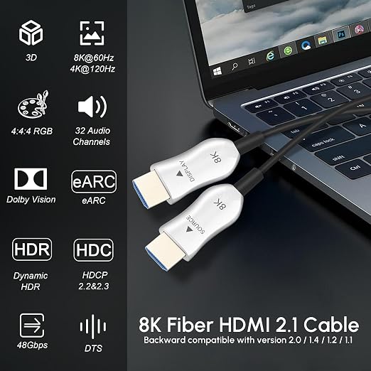 8K Fiber Optic HDMI 2.1 Cable 40ft, Long Active HDMI Cable, High Speed Fiber HDMI Cord, 48Gbps, 8K@60Hz 4K@120Hz, Dynamic HDR, eARC, HDCP 2.2&2.3, 3D, for HDTV Monitor Game Laptop Home Theatre