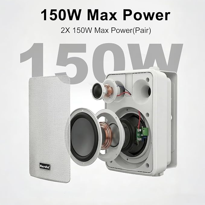 Herdio 5.25" 300W Outdoor Bluetooth Speakers, IPX5 Waterproof Rating and Be Able to Wireless Multi-Connection Up to 20 Units for Patio/Porch/Balcony (White, 2-Pack)