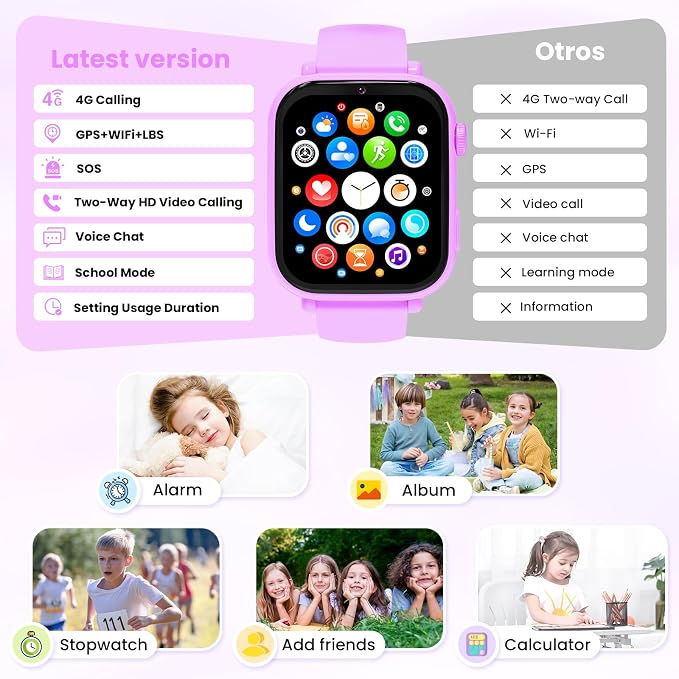 4G Kids Smart Watch GPS Tracker, Smartwatch for Kid with Video Calling, Voice Chat, Class Mode, SOS , Pedometer, Alarm, SIM Card HD Touch Screen Phone Watch Gift for 4-12 Girls Boys (Light Purple)