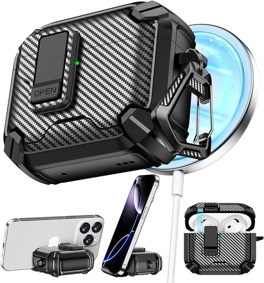 Pohgelan Compatible with AirPods 4 Case,Magnetic Automatic Lock with Phone Stand & Cleaning Kit,Compatible with Magsafe,Carbon Fiber Texture Cover -Black