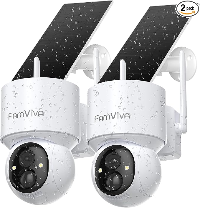 2K Solar Security Cameras Wireless Outdoor, 360°PTZ Battery Powered Cameras for Home Security, 2.4G WiFi Outdoor Camera with Color Night Vision, IP66 Waterproof, Motion Sensor Alarm, White-4P