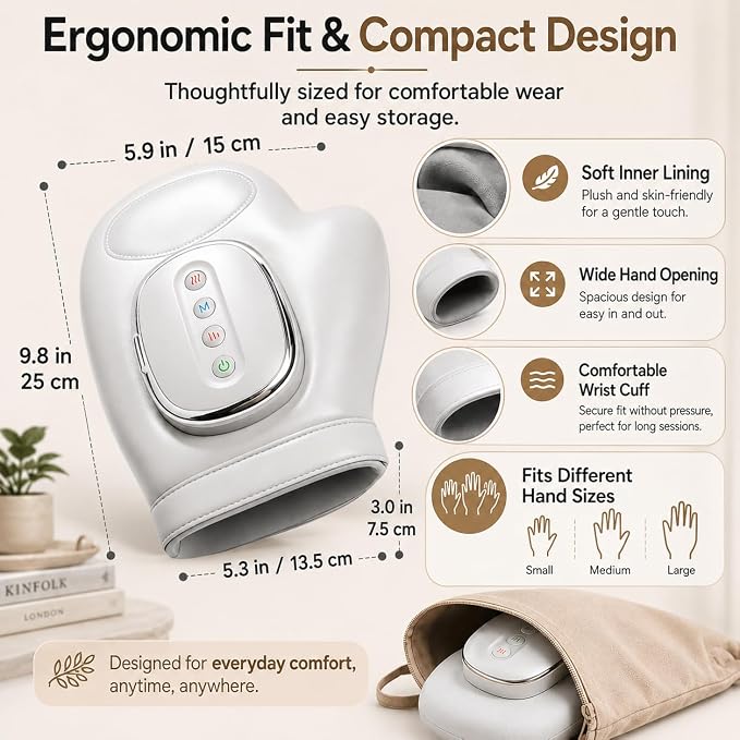 Hand Massager with Heat and Compression, Cordless Electric Hand Massager for Arthritis & Carpal Tunnel Relief, 3 Massage Modes 5 Intensity Levels, Portable Finger Palm Wrist Therapy Glove,Gift