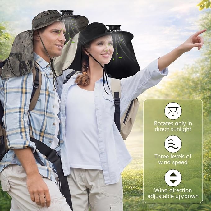 Maiteenly 2 Pcs Solar Fan Hat for Men with Neck Flap Bucket Fan Buit in Hats for Hiking Fishing Outdoor USB and Solar Powered