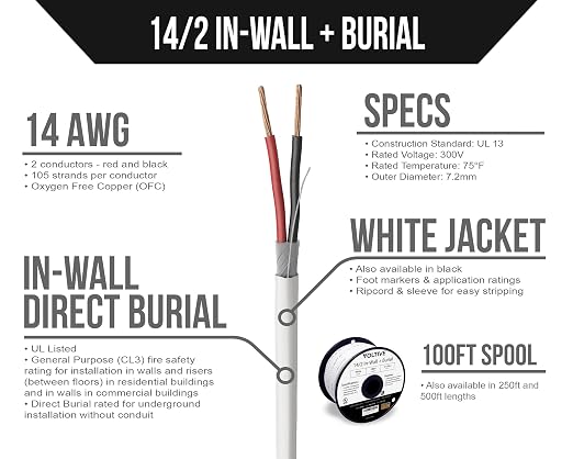 Voltive 14/2 Speaker Wire, in-Wall CL3 & Direct Burial, White, 100ft - 14AWG, 2 Conductors, Stranded Oxygen-Free Copper, UL Listed - V-1208-2