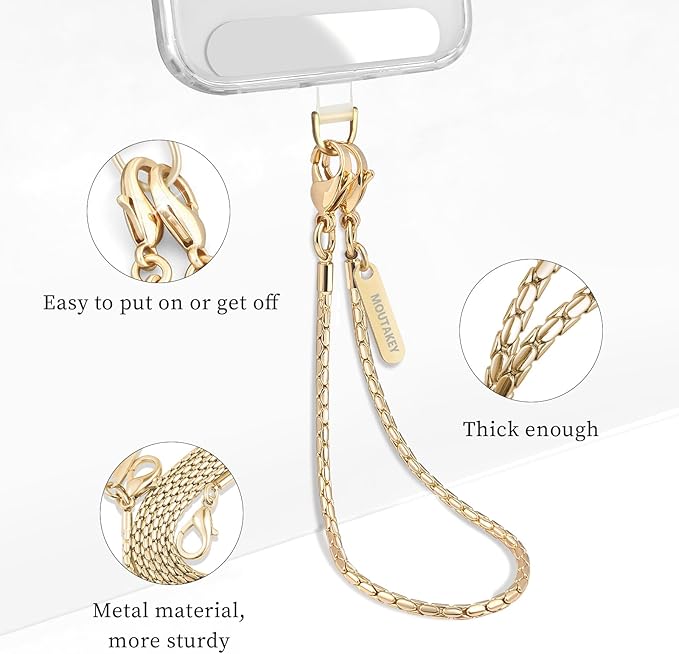 MOUTAKEY Phone Wrist Strap Metal Phone Chain Wristlet Strap Detachable iPhone Lanyard Wrist with 2 Tether Tabs iPhone Charm strap For Women girls Shopping Traveling Party Walking