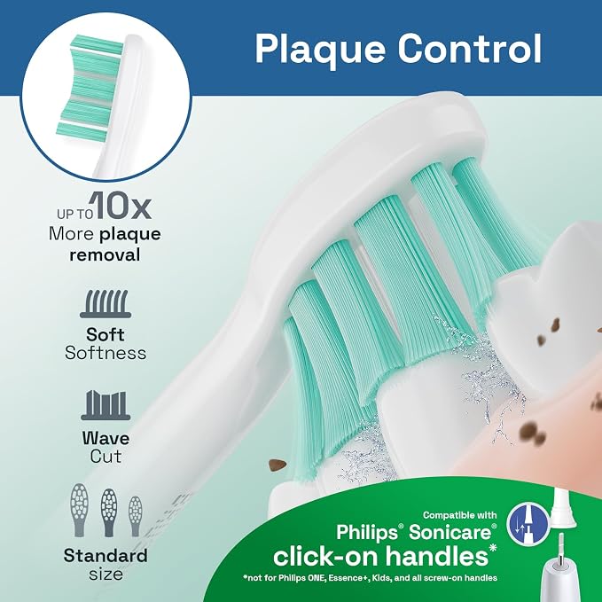 Brushmo Plaque Control Replacement Toothbrush Heads, Compatible with Philips Sonicare Click-on Electric Toothbrush Handles, 8 Standard Replacement Heads, Soft Dupont Bristles, BM928, White (Pack of 2)