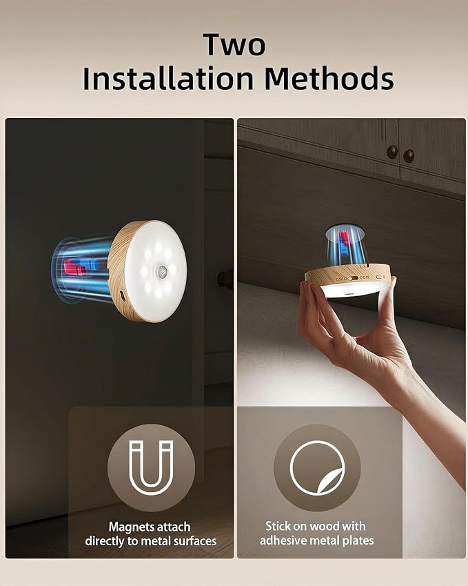 EZVALO Under Cabinet Lighting, 1000mAh Rechargeable Puck Lights with Remote, 3 Color Temps & 12 RGB Motion Sensor Closet Lights Indoor, Dimmable Under Counter Lights for Kitchen (Wood Grain, 6 Packs)
