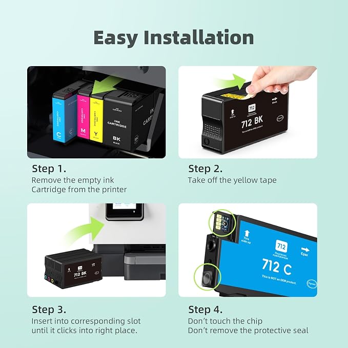 712XL 712 Ink Cartridges High Yield Compatible Replacement for HP 712XL 712 XL 712 Ink Cartridges for DesignJet T650 T630 T230 T210 Studio Plotter Printer (4 Pack, Black, Cyan, Yellow, Magenta)