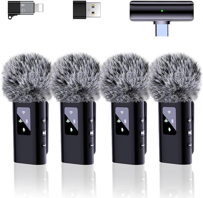 4 Wireless Lavalier Microphone for iPhone Android Phone Pad Computer, Pro Lapel Mini Microphone for Video Recording Vlog Podcast Stream YouTube TikTok, 48KHz 24Bit, Reverb,Noise Cancelling