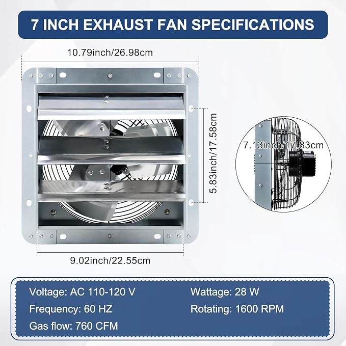 Cracubit Criditpid 7 Inch Shutter Exhaust Fan, Garage Exhaust, Wall Exhaust Fan with Adjustable Thermostat Switch for Gable, Shed, Garage, Basement, Greenhouse, Kitchen, Attic