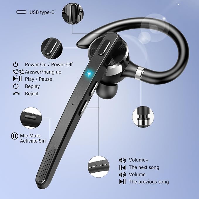 2026 Bluetooth Headset, Wireless Bluetooth 5.3 Earpiece, 90Hrs Single-Ear Headset with APTX HD Audio & Mute Button, Dual Noise Cancelling Mics, Hands Free Headphone for Trucker, Business, Gym, Grey
