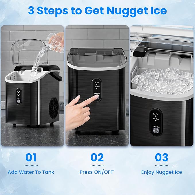Antarctic Star Nugget Ice Makers Countertop with Self-Cleaning, 35lbs/24H, Portable Sonic Ice Maker Machine with Handle/Basket/Scoop for Home, Kitchen, Office, Camping(Stainless Steel Black)