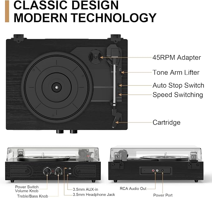 Vinyl Record Player with Built-in Speakers 3-Speed Vintage Record Player Support Treble& Bass Control, 3.5mm Headphone Jack, RCA-Out/Aux in, Belt-Driven LP Turntable,Black Wood