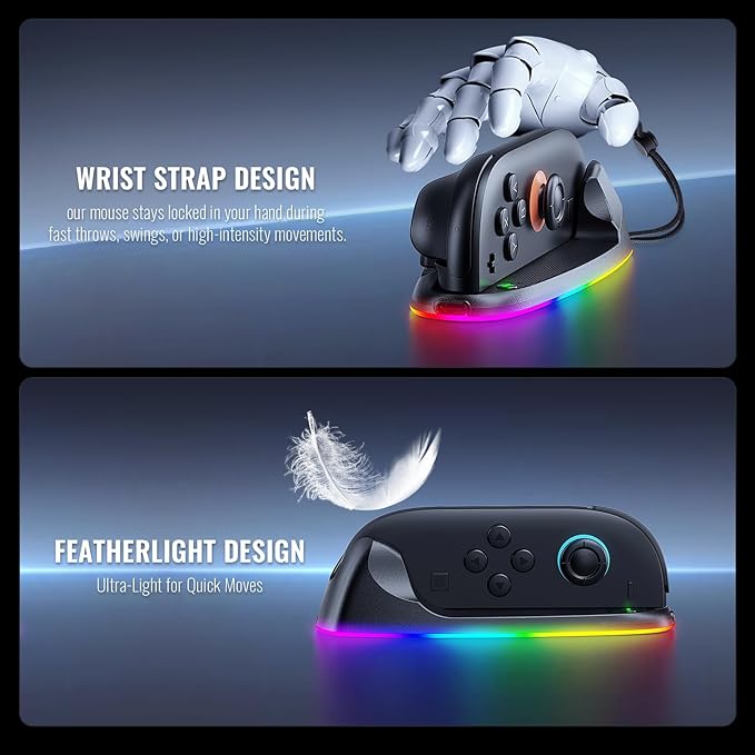 RGB Gaming Controller Mouse Controller with Charging for Switch 2 Joycon Grip, Magnetic Mouse Game Stand Holder with Hand Strap Compatible with Nintendo Switch 2 (2025), Mice for Pokopia Game