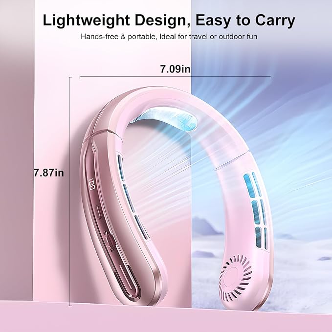 Portable Neck Fans that Blow Cold Air, Rechargeable Personal Small Wearable Cooler With 3-Speed, LED Display, 5000mAh, Type-C Port, Gift For Women, Dad, Birthday, Father, Travel, Outdoor, (Pink)
