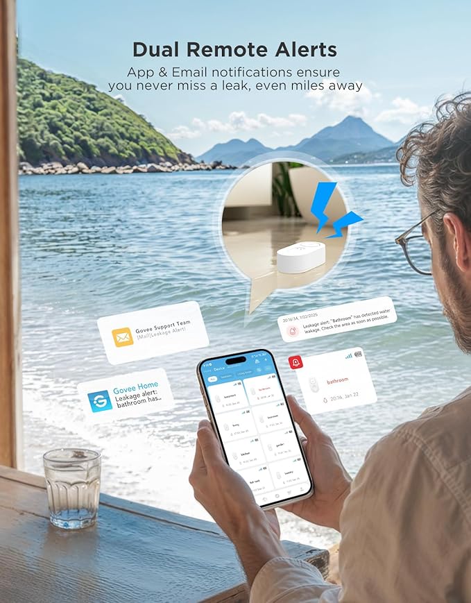 GoveeLife Upgraded Smart Water Leak Detector 1s with 1804ft Ultra-Long Range, WiFi Water Sensor with SMS/Email/APP Push and Sound Alarm,5-Year Battery Life, 6 Pack, Suit for Home, Basement, Kitchen