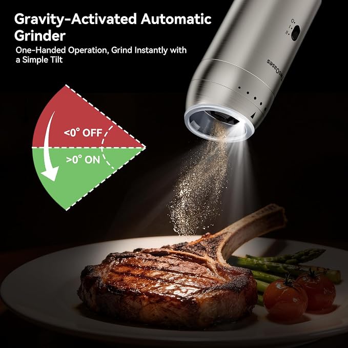 Electric Salt and Pepper Grinder Set, Automatic Gravity Pepper Grinder with Charging Base, Rechargeable Stainless Steel Spice Mill, Adjustable Coarseness, Dual-Speed Control, LED Light, Large Capacity