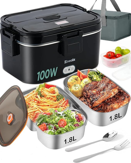 Eocolz Electric Lunch Box Food Heater 100W, Food Warmer with Dual Container 1.8L Portable Heated Lunch Box for Car Truck Work Stainless Steel Fork & Spoon 12/24/110V for Adults Lonchera Eléctrica