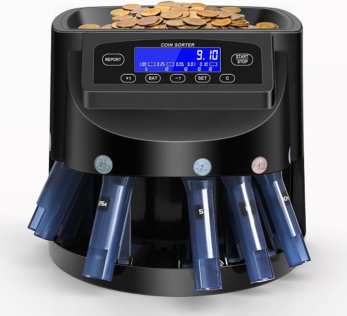 Coin Counter and USD Coin Sorter with LCD Display, Automatic Change Counter for 1￠ 5￠ 10￠ 25￠ $1, 270 Coins/min, 300-Coin Capacity, Coin Sorter and Wrapper Machine for Fast & Accurate Sorting