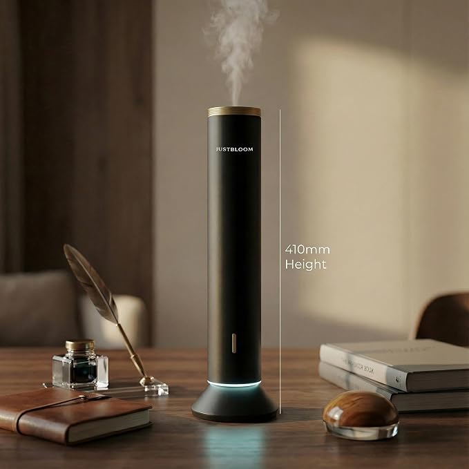 JustBloom Waterless Essential Oil Diffuser, 4000 Sq Ft, App Control, Black | 360° diffusion nozzle, 3-color ambient light, 5000mAh battery and tip-over protection for large rooms, home and office.
