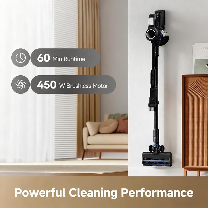 DREAME J30-W Cordless Vacuum Cleaner with LED Headlights, 450W Powerful Suction, 60Min Runtimes, Detachable Battery, One-Touch Emptying, Stick Vacuum Cleaner for Pet Hair, Carpet & Hard Floor