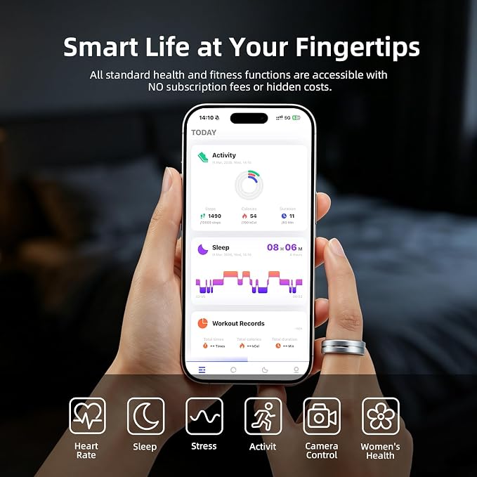 Smart Ring for Women Men, AI Health Fitness Tracker with Sleep, Heart Rate, HRV, Stress, Gesture Photo, IP68 Waterproof, No Subscription, iOS Android (Matte Sliver,8)