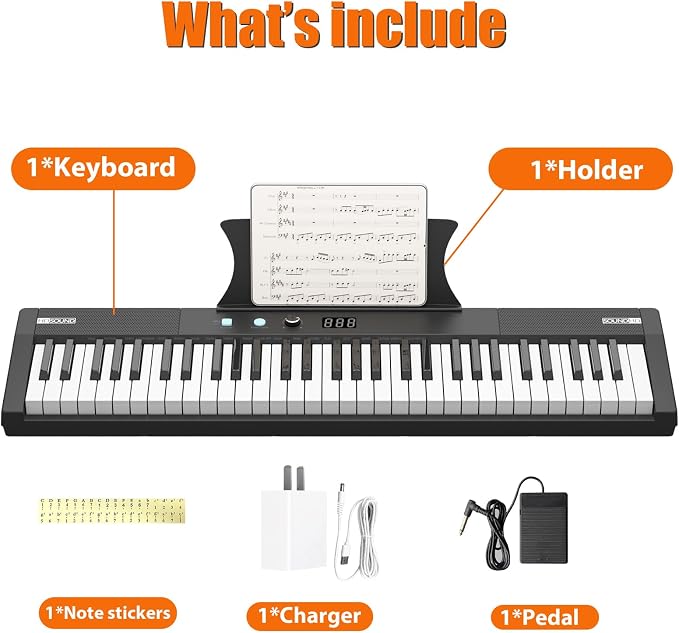 61 Key Portable Electronic Keyboard Piano with Holder,Pedal,Recharge,Note Stickers， for Beginners