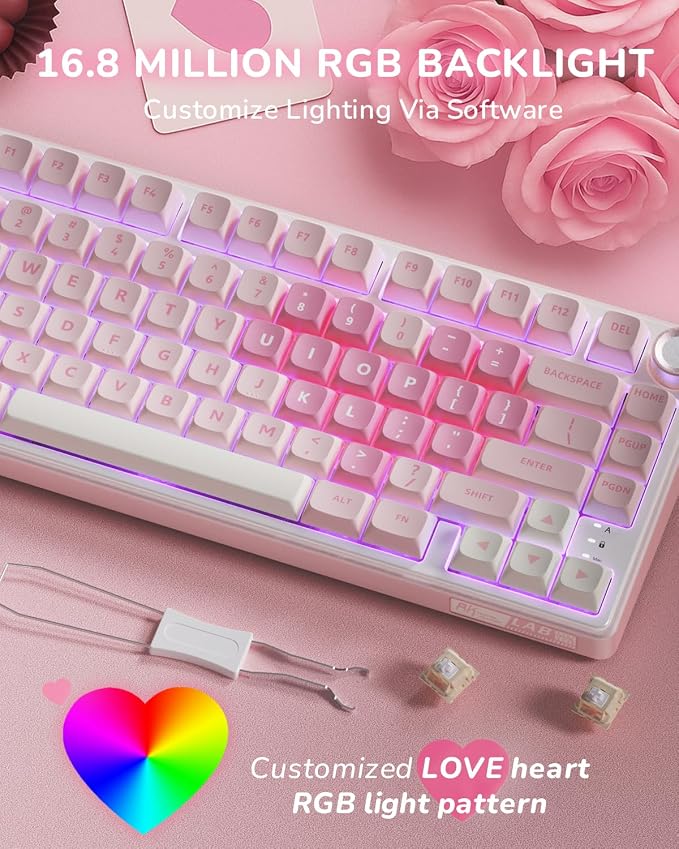 RK ROYAL KLUDGE R75 Mechanical Keyboard Wired with Volume Knob, 75% Keyboard Gasket Mounted, Hot Swappable, Creamy Sound, MDA Profile, PBT Keycaps, Pink