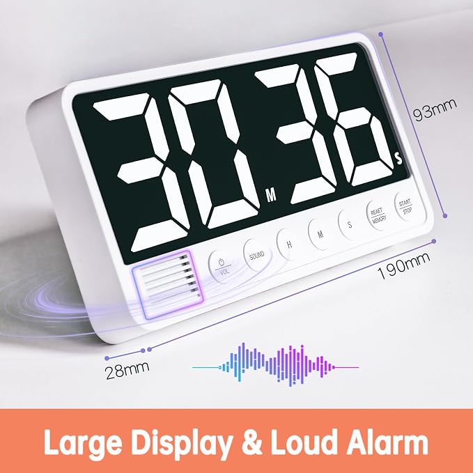 Digital Kitchen Timer - 7.1” Extra Large Display LED Magnetic Rechargeable Countdown/Up Timer, with 6 Alarms 4 Levels Volume Memory Function for Cooking, Classroom, Office, Home Gym (White)
