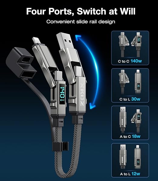 XKCZ Keychain USB C Cable with V/A/W Display, 4 in 1 Charging Cable Combo Type C/USB A/L Port, 140W Fast Charging Short Cable, USB C Keychain Portable Cord for iPhone/iPad/Samsung/Laptop, 8 inches