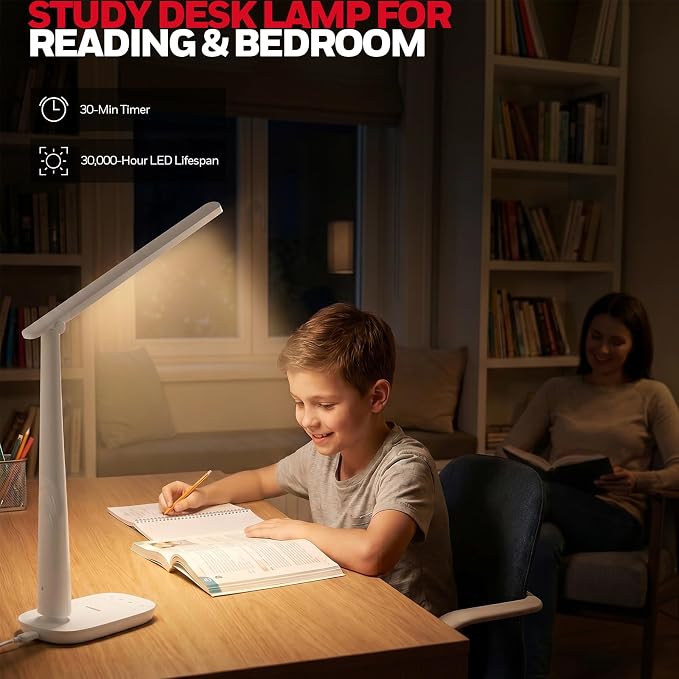 Honeywell LED Desk Lamp for Home Office, Eye-Caring Dimmable Reading Light with 4 Color Modes, Touch Control, USB-A & USB-C Charging Ports, Adjustable Head, Timer for Bedroom & Small Desks