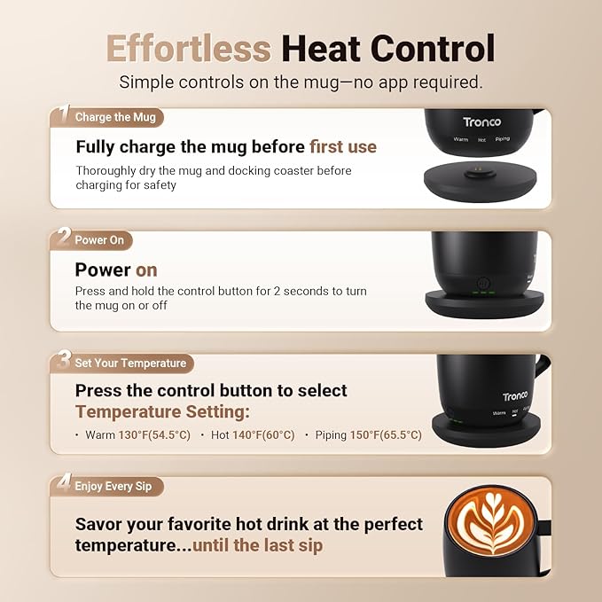 Tronco Temperature Control Heated Coffee Mug 14 oz – Rechargeable Self-Heating Coffee Mug with Lid – Manual Control, 3 Modes, 130 Min Battery Life, Auto Shut-Off (Blue)