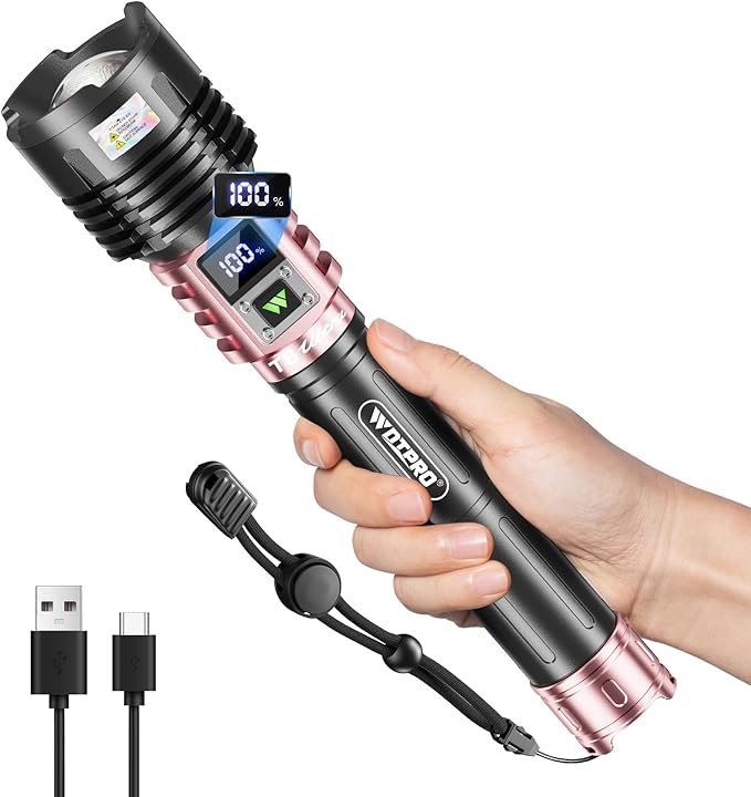 WdtPro Rechargeable LED Flashlights High Lumens, Super Bright 90000LM Rechargeable Flashlight with LCD Display, 5 Modes & Waterproof Powerful 10000mAh Handheld Flashlight for Camping Emergency Pink