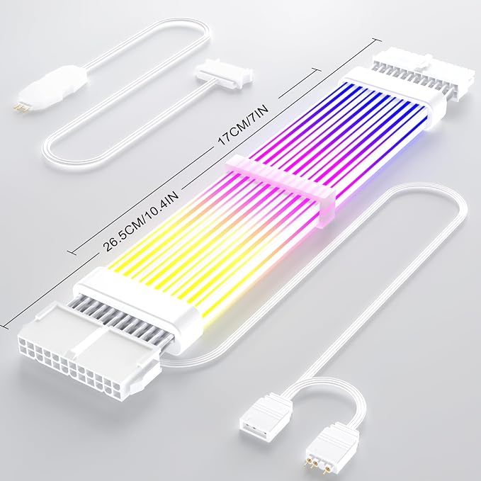 Sirlyr 24 Pin RGB PSU Cables,ARGB PC Cable for Motherboard Power Supply Extension - 5V 3Pin Addressable Four Sides Lighting RGB Strips Decor Computer Case White
