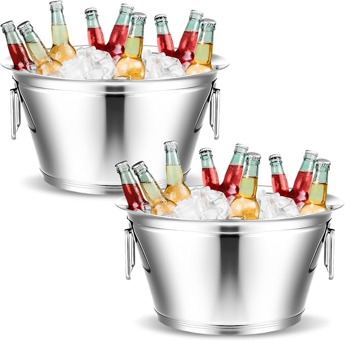 Maxdot 2 Pcs Stainless Steel Beverage Tub Large Champagne Buckets 20-Quart 5-Gallon Insulated Ice Bucket for Parties with Double Hinged Handle Heavy Duty Drink Cooler Tub Wine Beer Chiller for Party