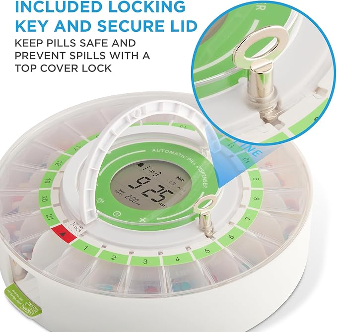 LiveFine Automatic Pill Dispenser with Removable Cups, 21 Compartments, 9 Dosage Rings, Alarm Reminder, LCD Display, Sound & Light Alerts, Locking Key for Vitamins, Supplements, Medications & Seniors