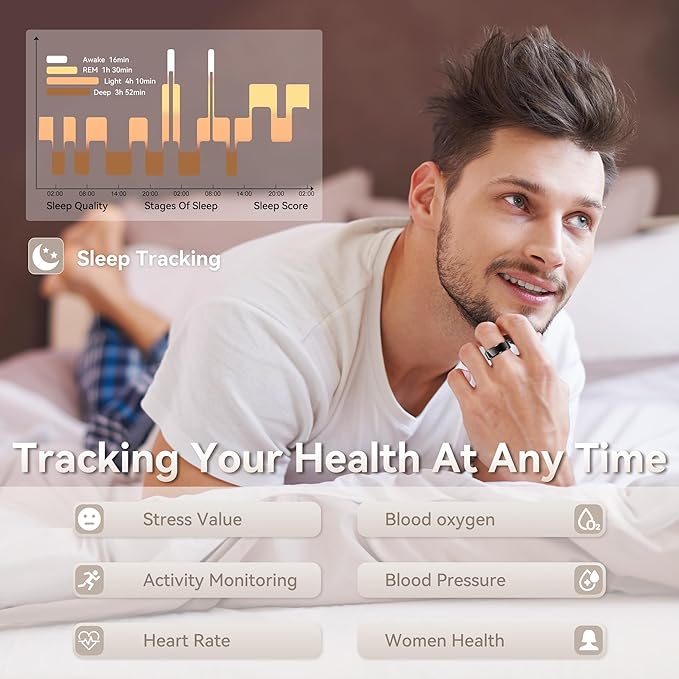 Smart Ring for Men, Fitness & Activity Tracker with Blood Pressure/Heart Rate Monitor, Sleep Tracker, Step Counter, IP68 Waterproof Ring for iOS & Android, Fast Charge, No Subscription (Black,Size11)