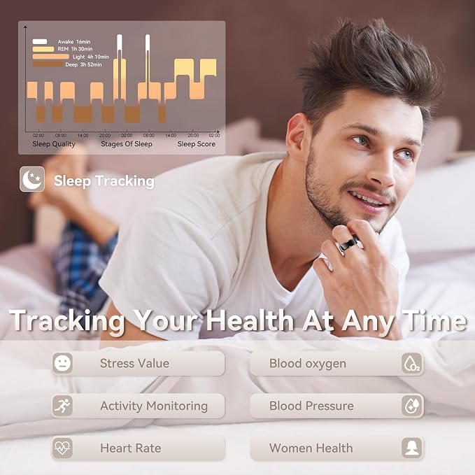 Smart Ring for Men, Fitness & Activity Tracker with Blood Pressure/Heart Rate Monitor, Sleep Tracker, Step Counter, IP68 Waterproof Ring for iOS & Android, Fast Charge, No Subscription (Black,Size10）