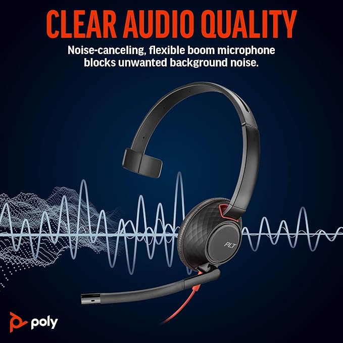 Poly Blackwire 5210 Wired Headset (Plantronics) Flexible Noise-Canceling Boom Mic Single-Ear Design - PC/Mac, Mobile via USB-C, USB-A, 3.5mm - Works w/Teams, Zoom - Amazon Exclusive (9P7X5AA)