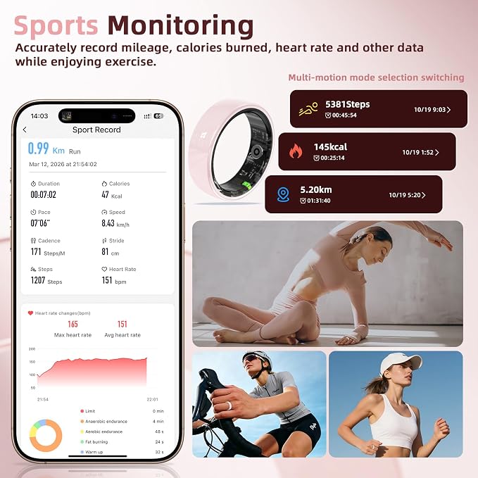 Ceramic Smart Ring, Advanced Health & Fitness Tracker with Heart Rate, Blood Oxygen, Sleep Monitoring, 5ATM Waterproof, Long-Lasting Battery, Remote Camera Control, for Android & iOS (Pink, 8)