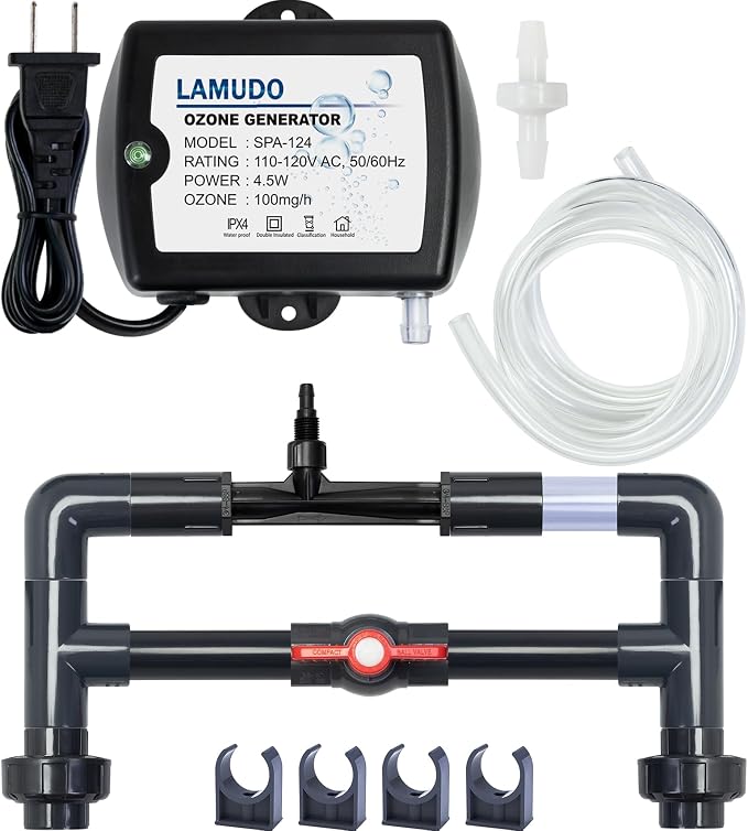 Ozone Venturi Injector Kit with SPA-124 Ozone Generator for Cold Plunge, Hot Tubs, Swim Spas, Water Treatment System with Ozonator, Standard 3/4" UPVC Pipe Fitting(DIY Pipeline)