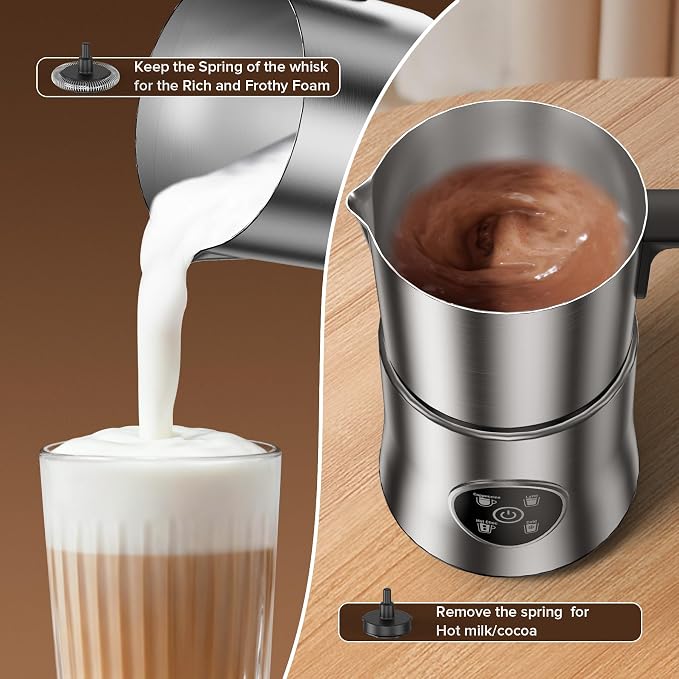 Milk Frother and Steamer, 4-in-1 Automatic Electric Milk Frothers, 900ml Detachable Stainless Steel Jug with Latte Art Spout, Hot & Cold Foam Maker for Coffee, Lattes, Cappuccinos